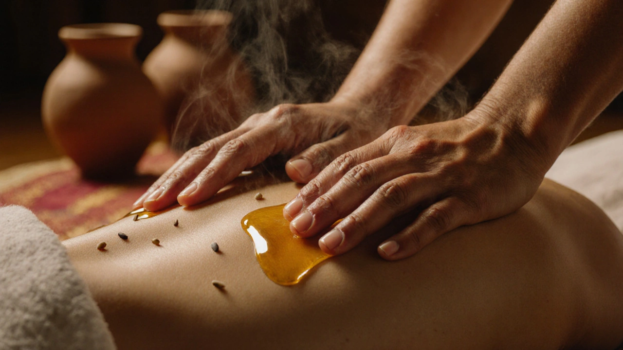 Hands massaging a back with warm herbal oil dripping slowly, skin glowing in soft light.