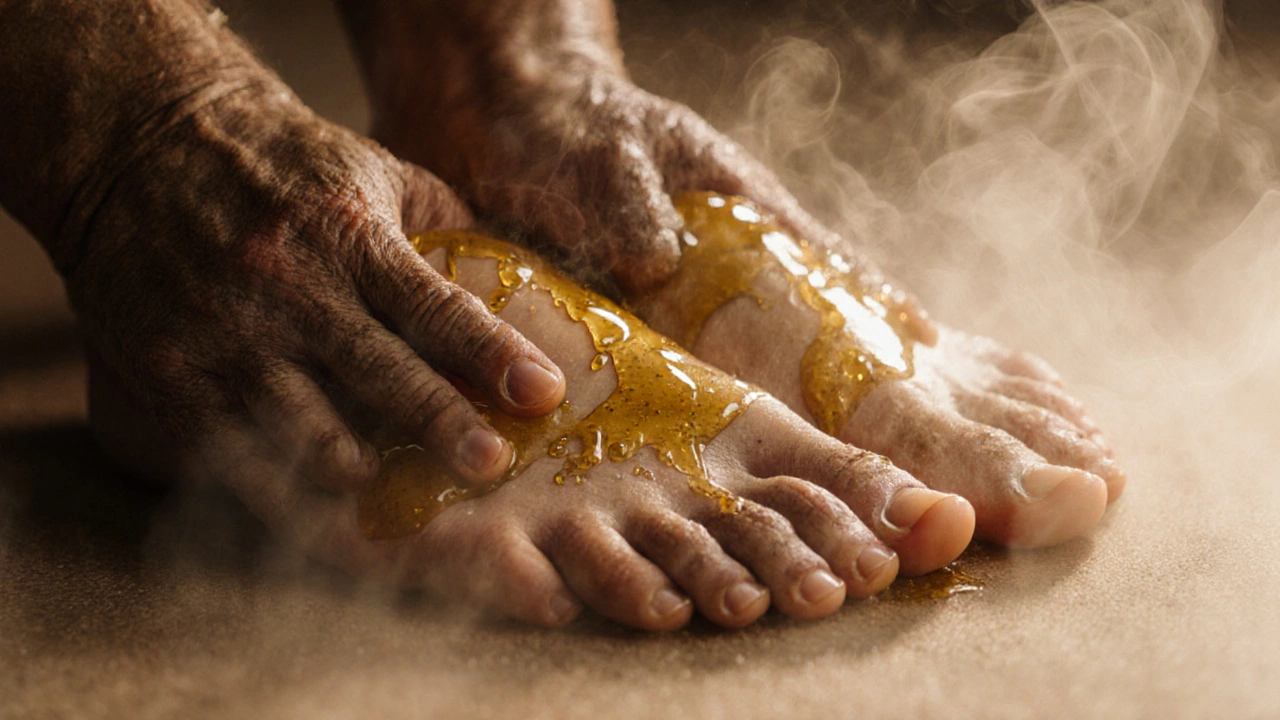 Hands massaging feet with golden sesame oil, steam rising gently from the skin.