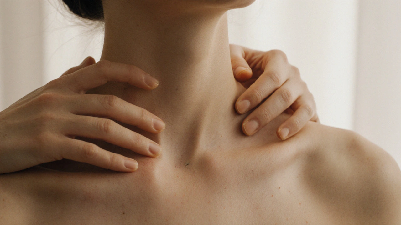 Hands performing light circular strokes on a person&#039;s collarbone with minimal skin contact.