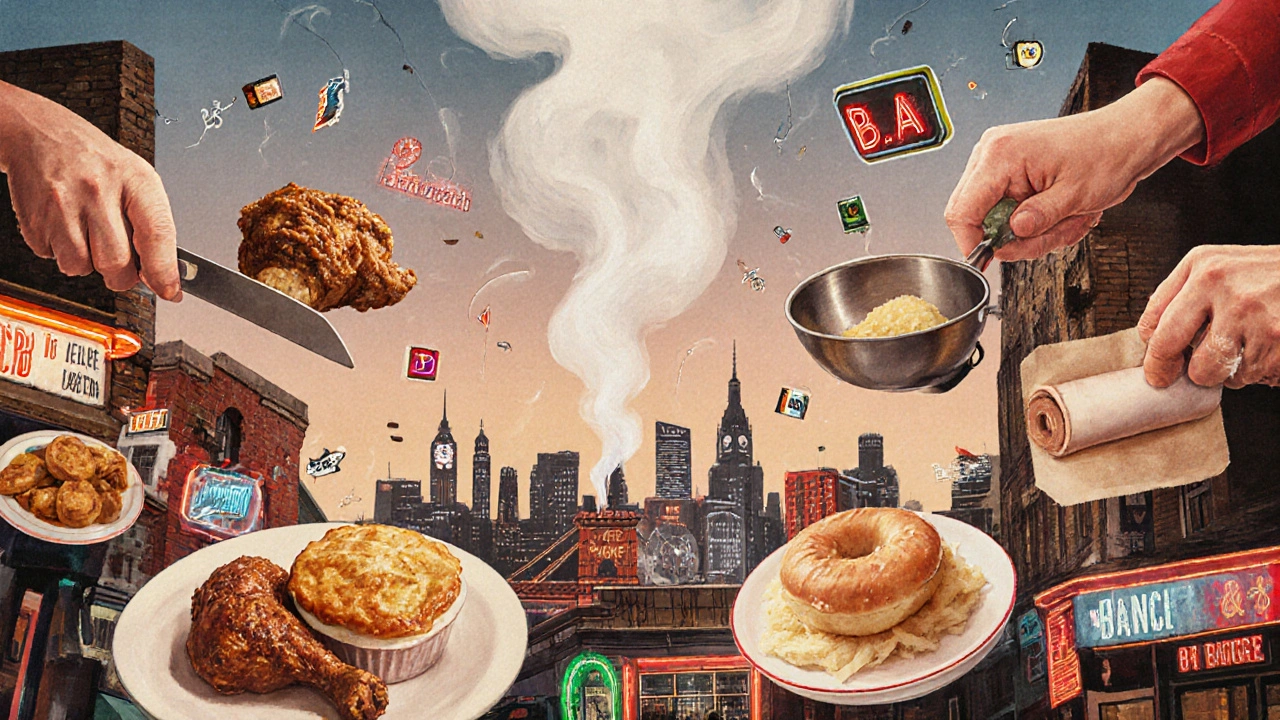 Hands preparing global dishes in London, with market stalls and cityscape in the background.