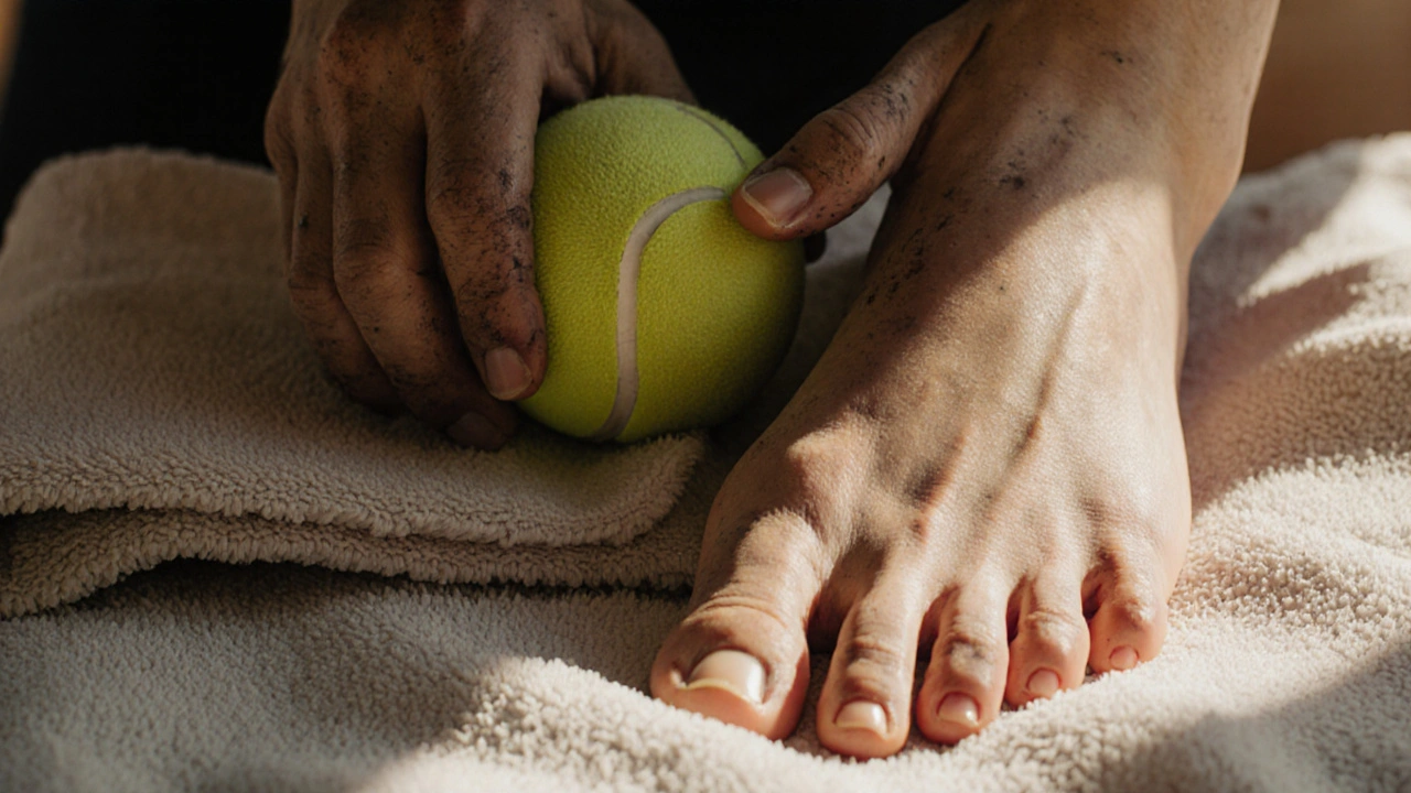 Hands rolling a tennis ball under a foot on a towel for foot relief.