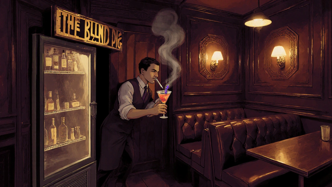 Hidden speakeasy with bartender mixing craft cocktails in warm, moody lighting.