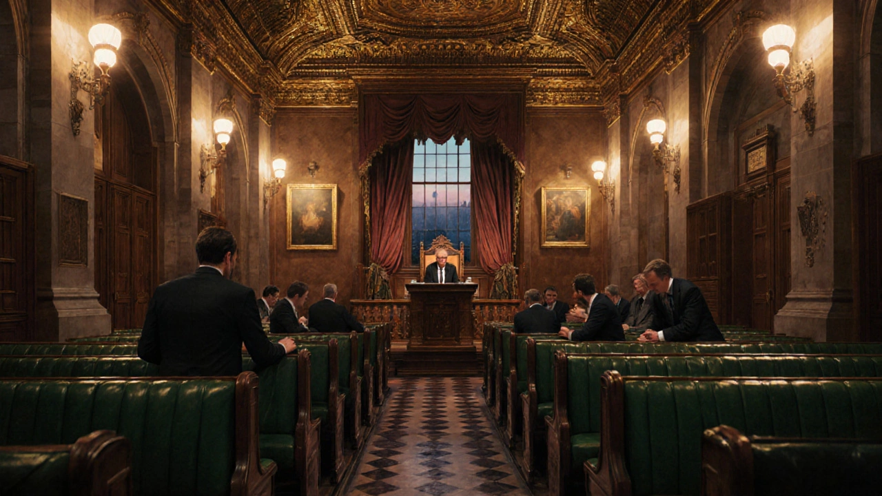Interior of the House of Commons chamber with MPs debating under ornate ceiling and warm lamplight.