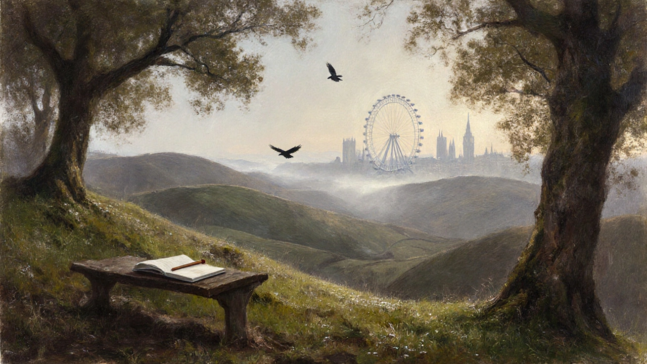 Mist rises over Hampstead Heath at dawn, the London Eye faint in the distance, a sketchbook lies on a bench.