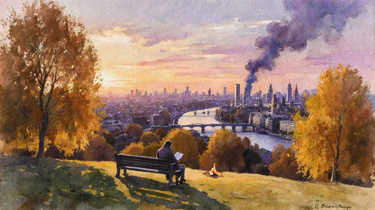 Panoramic view of London from Parliament Hill on Hampstead Heath at dusk with golden trees.