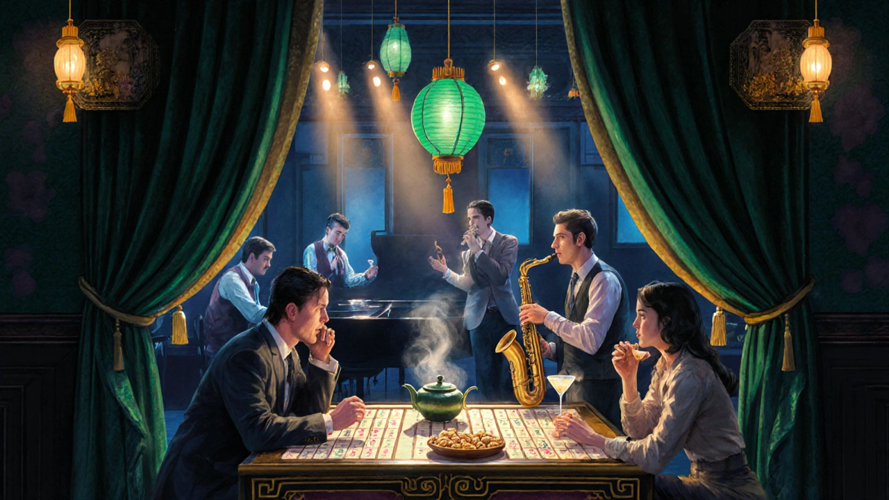 Patrons playing mahjong in a dimly lit, velvet-draped bar in Soho with jazz music and jade lamps.