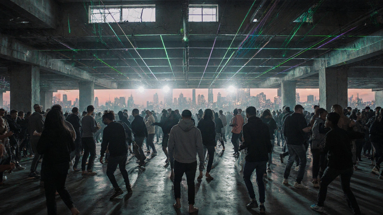 People dancing in a converted car park under laser lights at Peckham Levels, urban warehouse party at night.