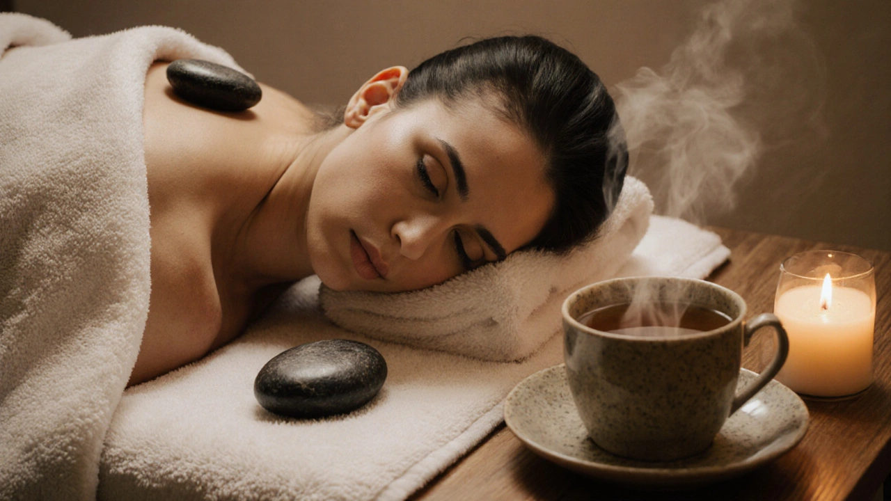 Person resting peacefully after a massage with a warm stone and tea nearby.