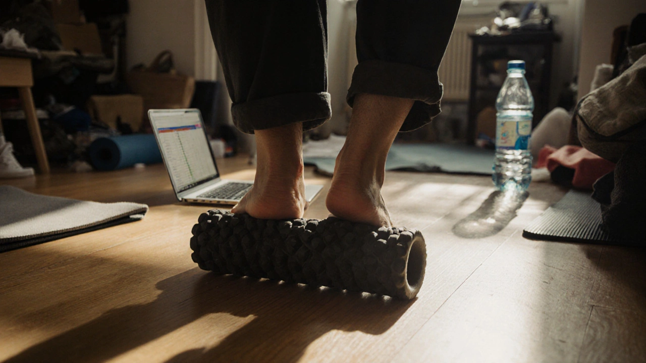 Person using a foam roller on their calves at home during a morning break.