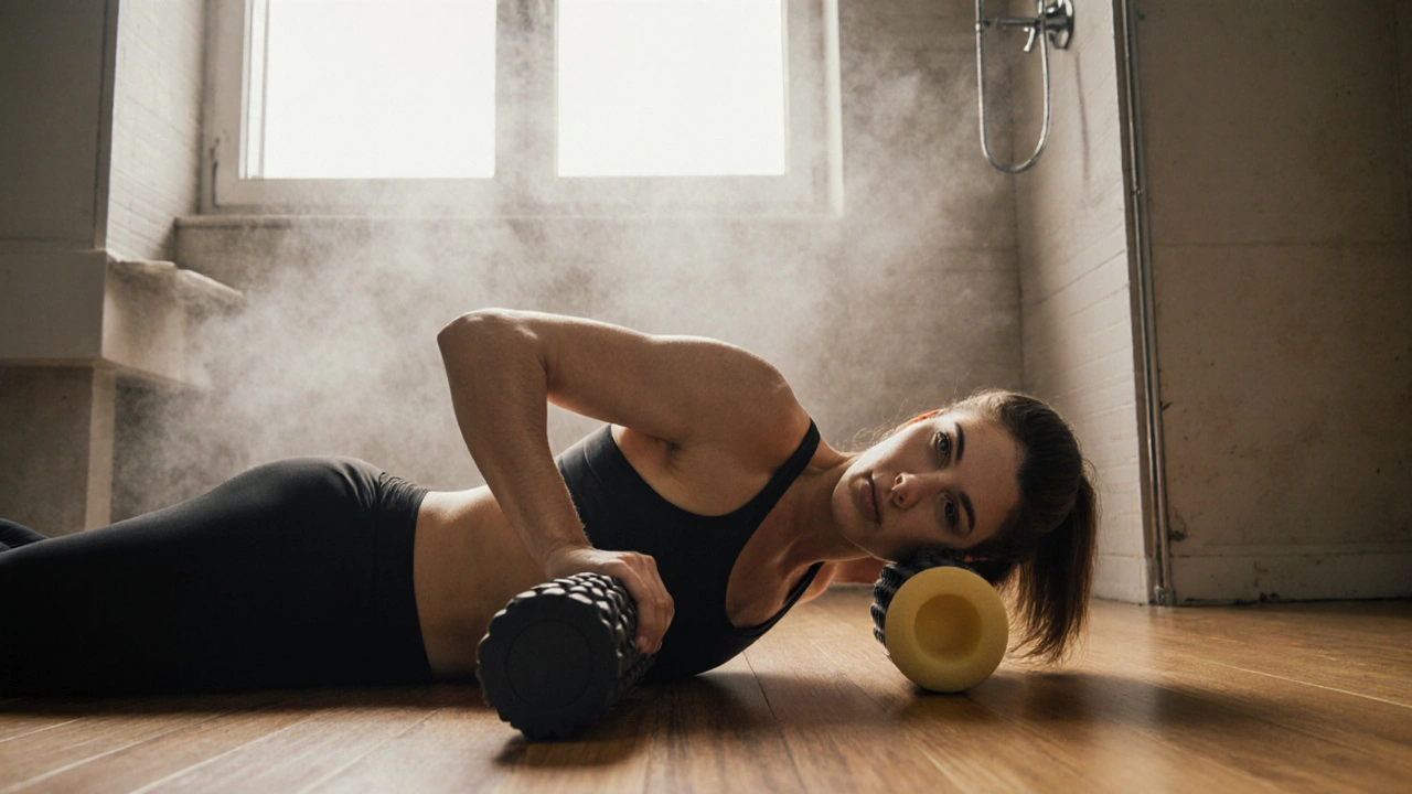 Person using foam roller on thigh at home in natural light