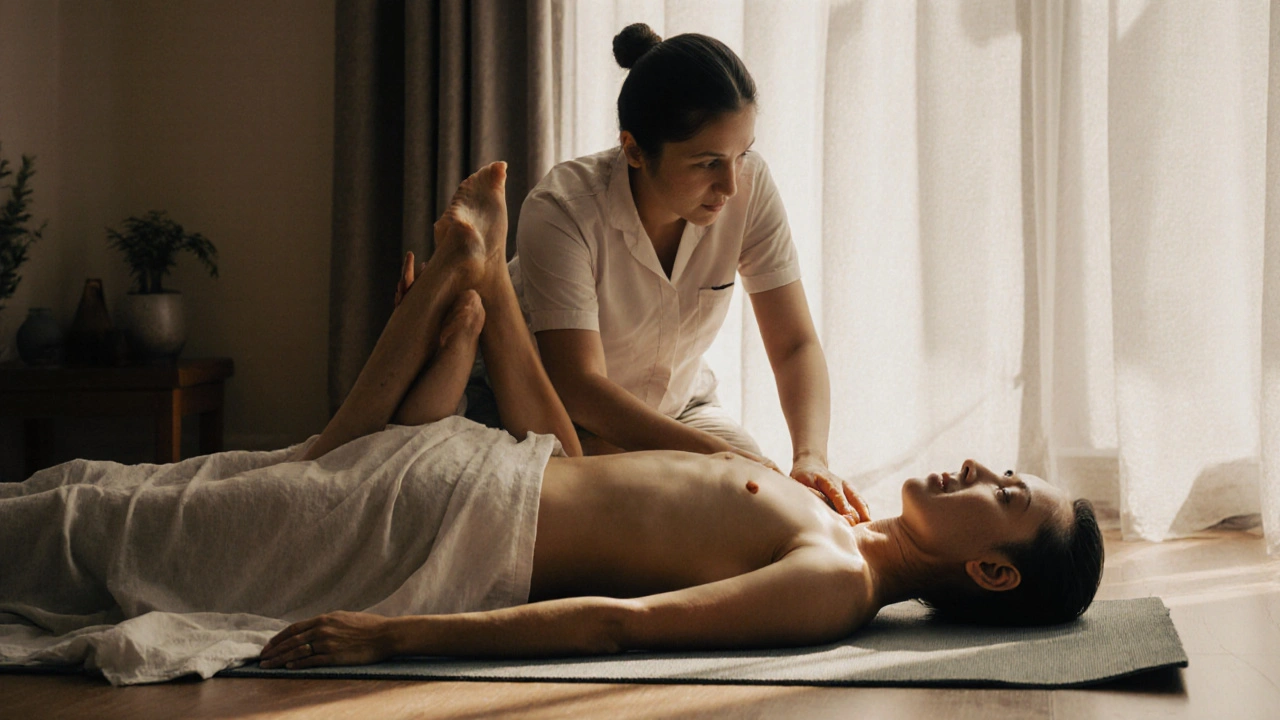 Practitioner using knee to gently stretch client&#039;s leg on a mat during Thai massage session.