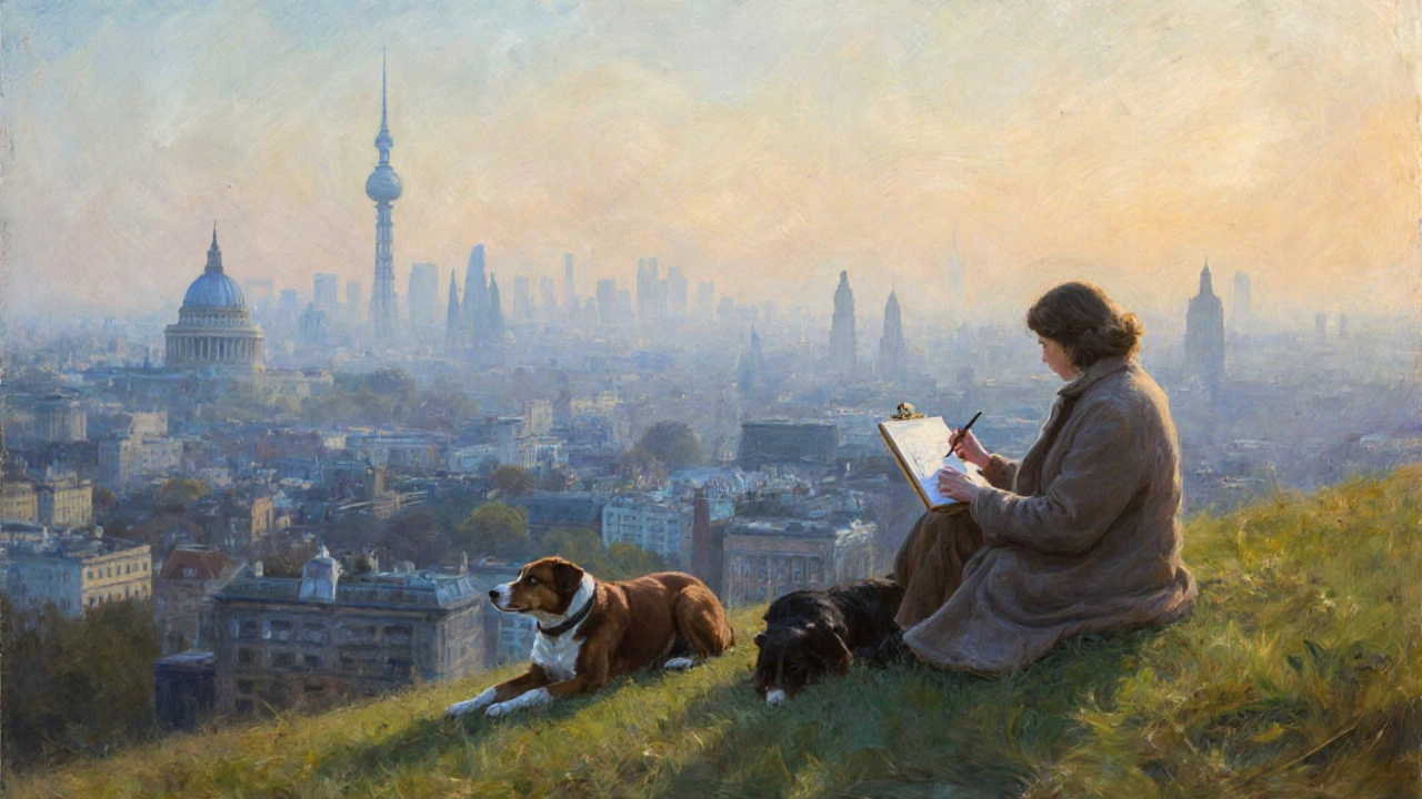Primrose Hill at sunrise, mist over London, woman sketching with dogs nearby on grassy slope.
