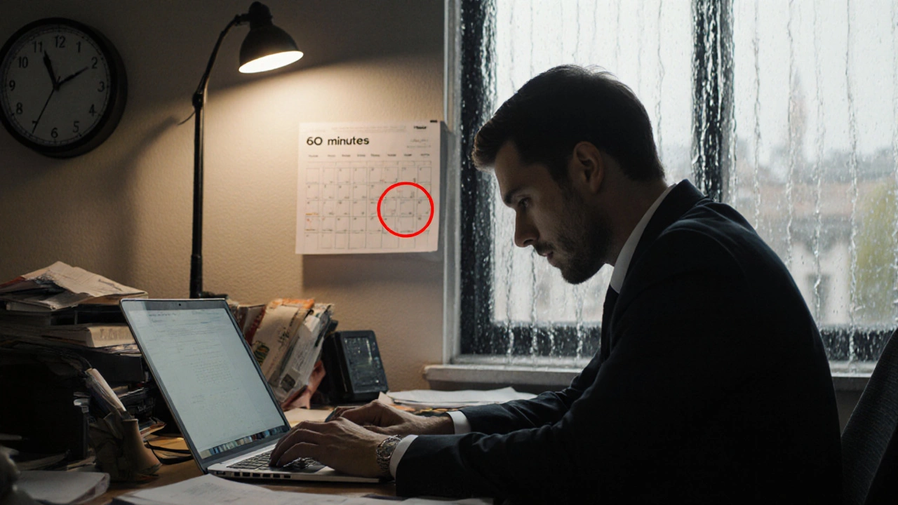 Professional at office desk with hunched shoulders, calendar showing circled massage appointment.