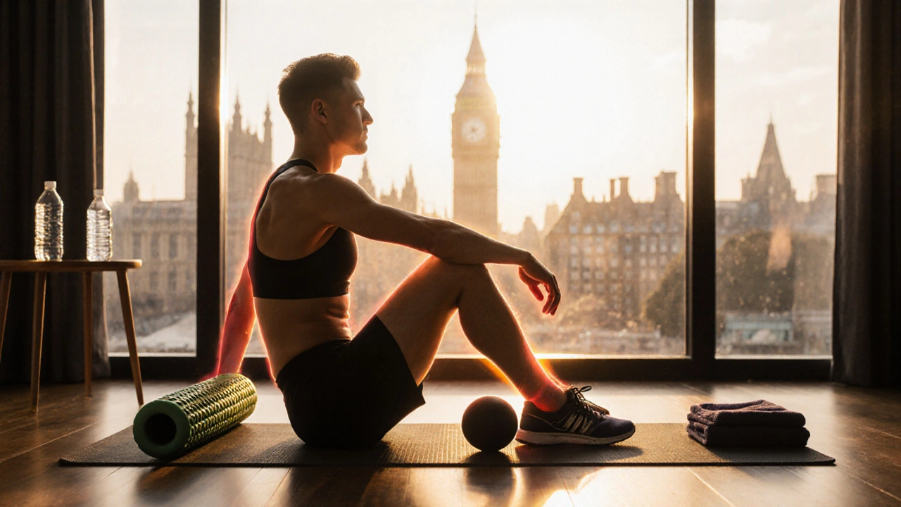 Runner relaxing on a yoga mat with foam roller and running shoes nearby.