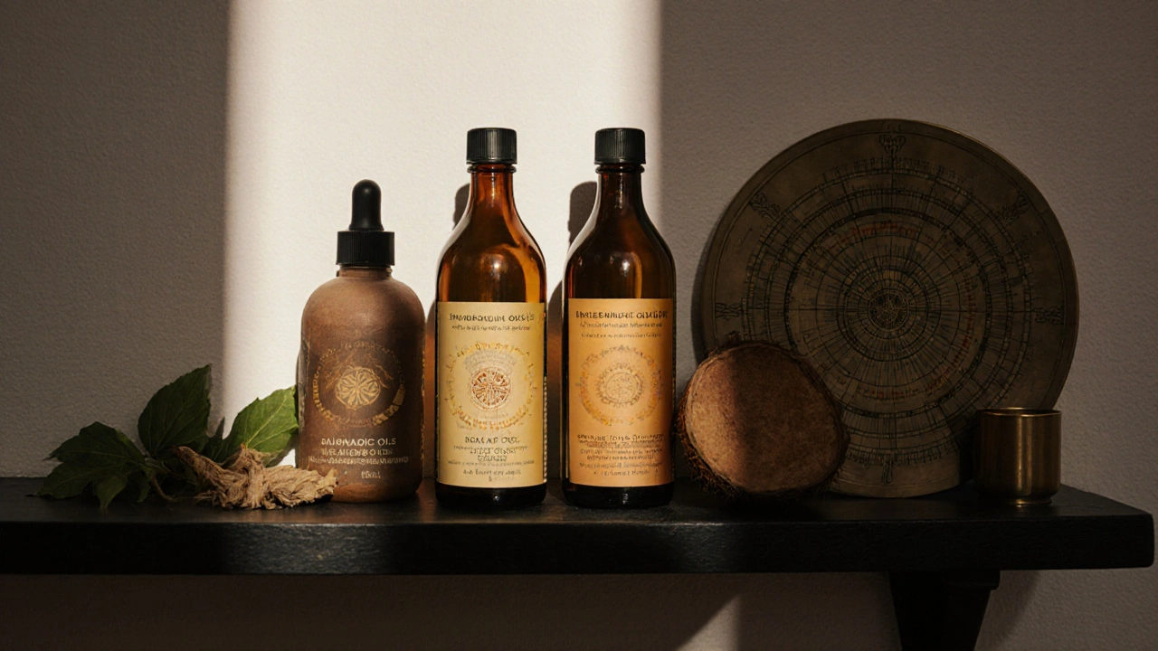 Shelf with traditional Ayurvedic oils, dried herbs, and ceramic bottles in natural light.