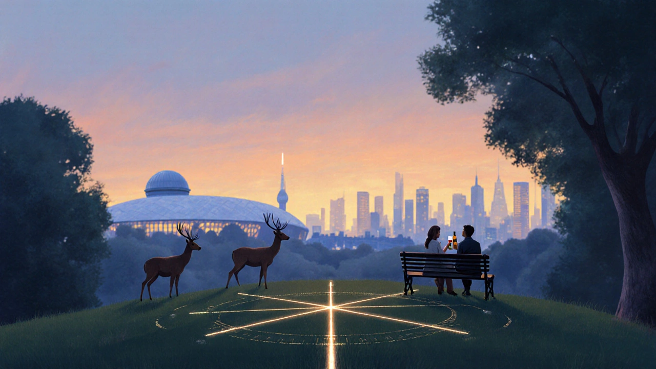 Silhouetted deer and couple on bench at Greenwich Park with Prime Meridian line glowing at dusk.