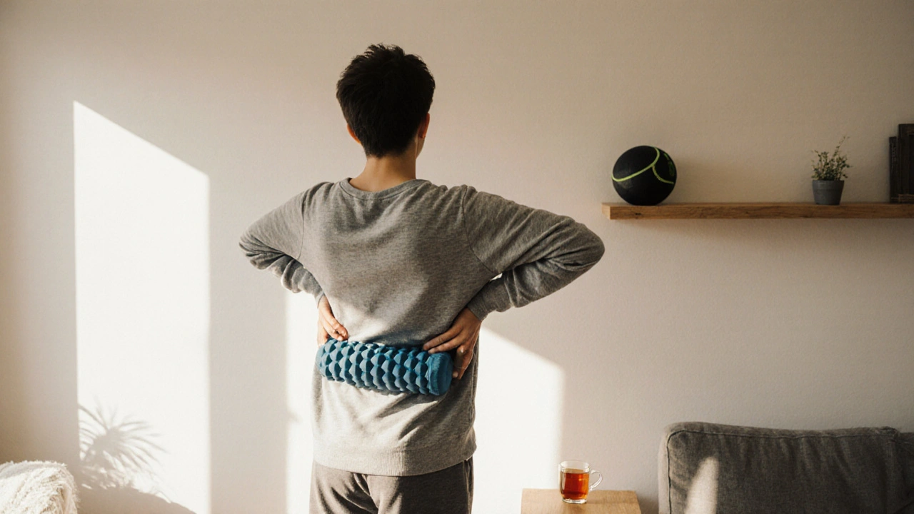 Someone using a foam roller on their back at home, wearing comfortable clothes.