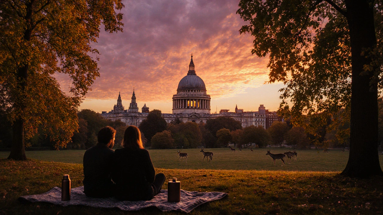 St. Paul&#039;s Cathedral framed by trees at sunset from Richmond Park, couple on blanket, deer in distance, golden sky.