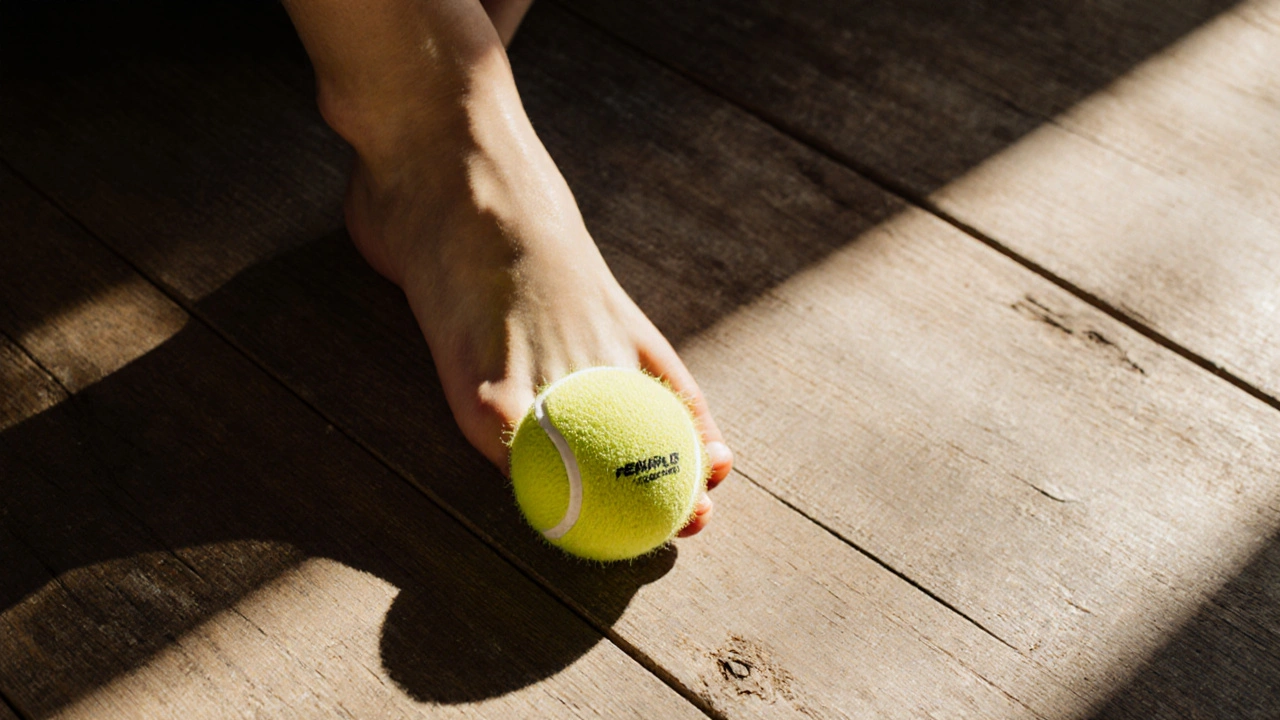 Tennis ball rolling under a bare foot on wooden floor in soft sunlight