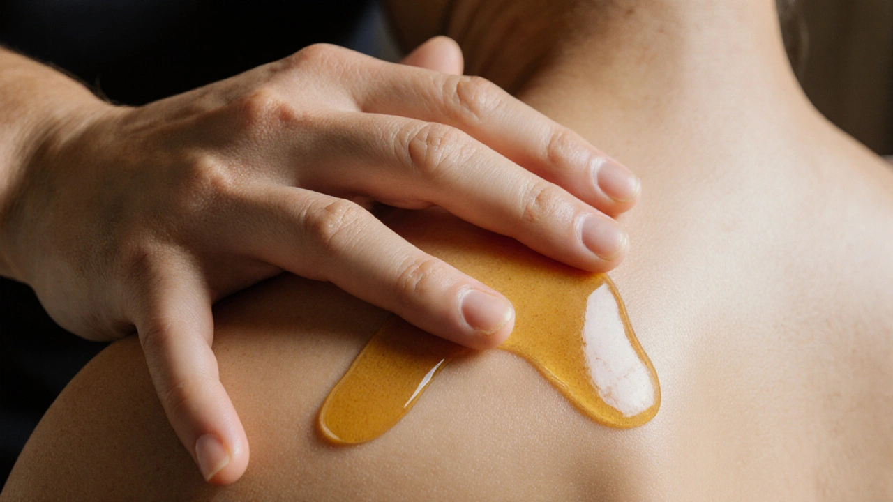 Therapist&#039;s hands applying gentle pressure with warm oil to a shoulder, highlighting therapeutic touch.