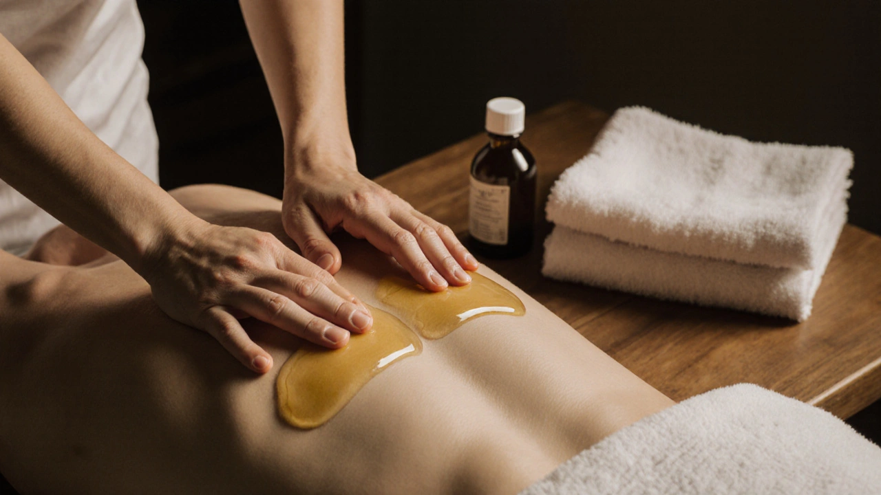 Therapist&#039;s hands applying oil in gentle strokes during a back massage.
