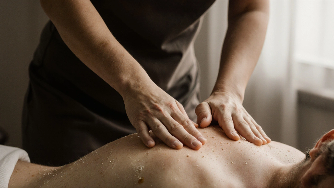 Therapist applying myofascial release on a client&#039;s upper back with focused, gentle hands.