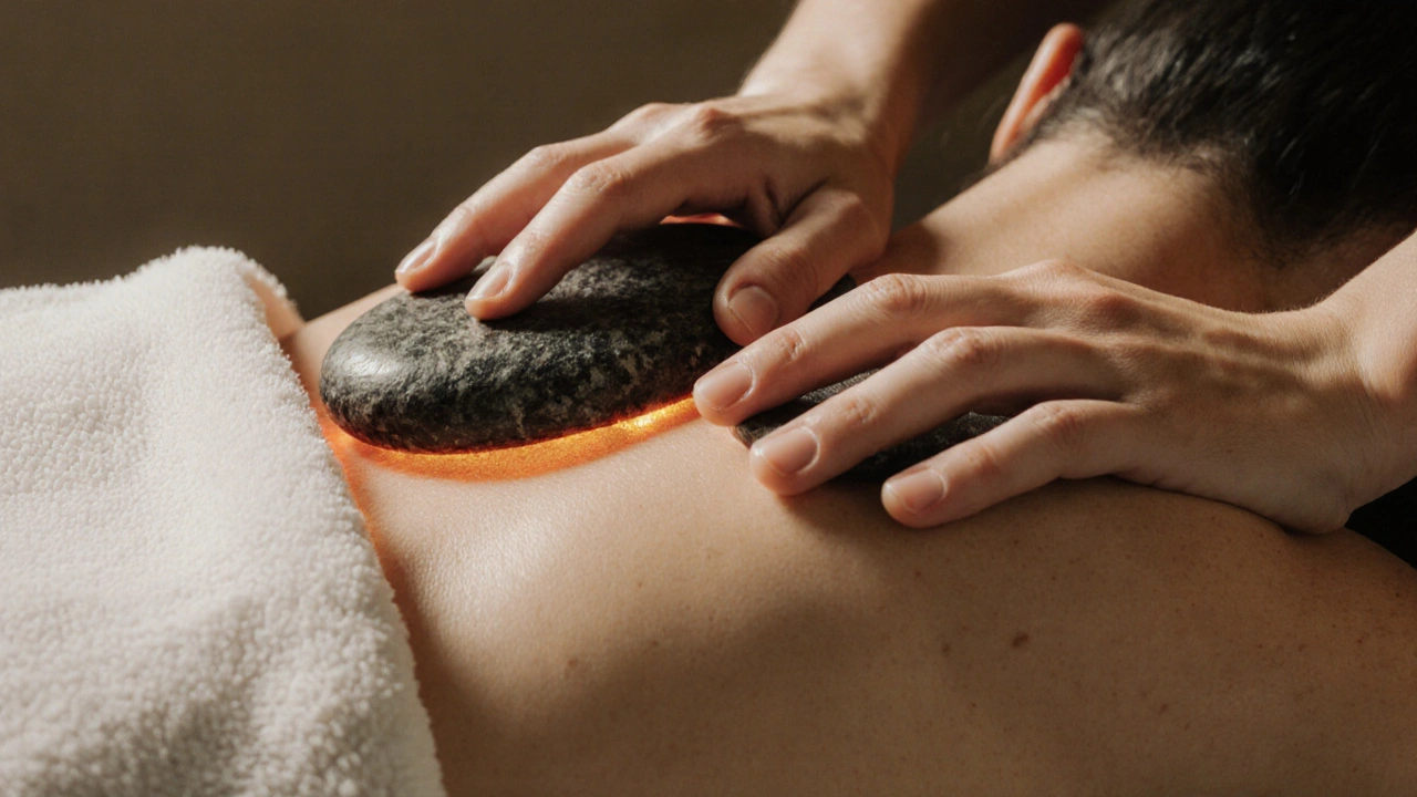 Therapist gently moving a heated stone along a client&#039;s shoulder under a towel.