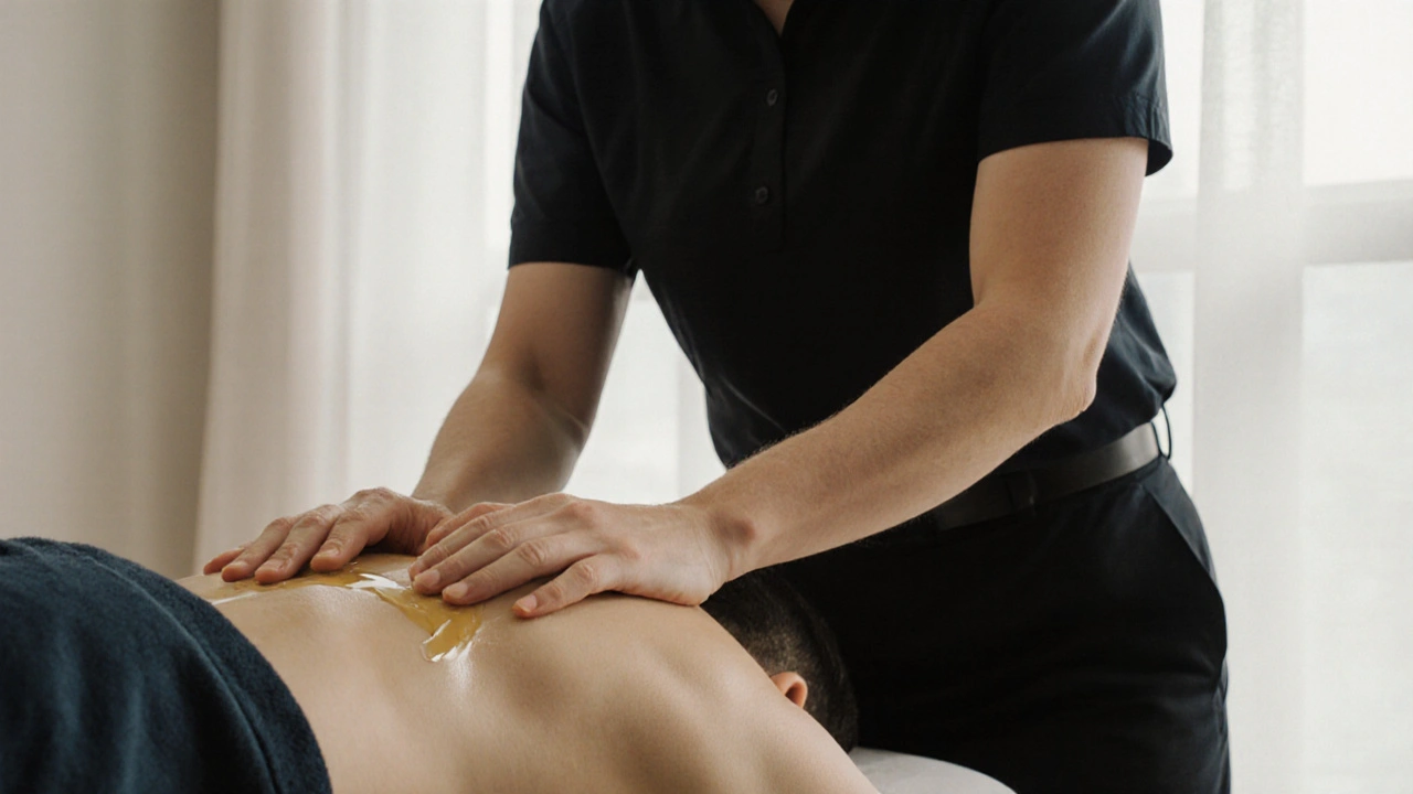 Therapist using proper posture to apply pressure to a client&#039;s shoulder.