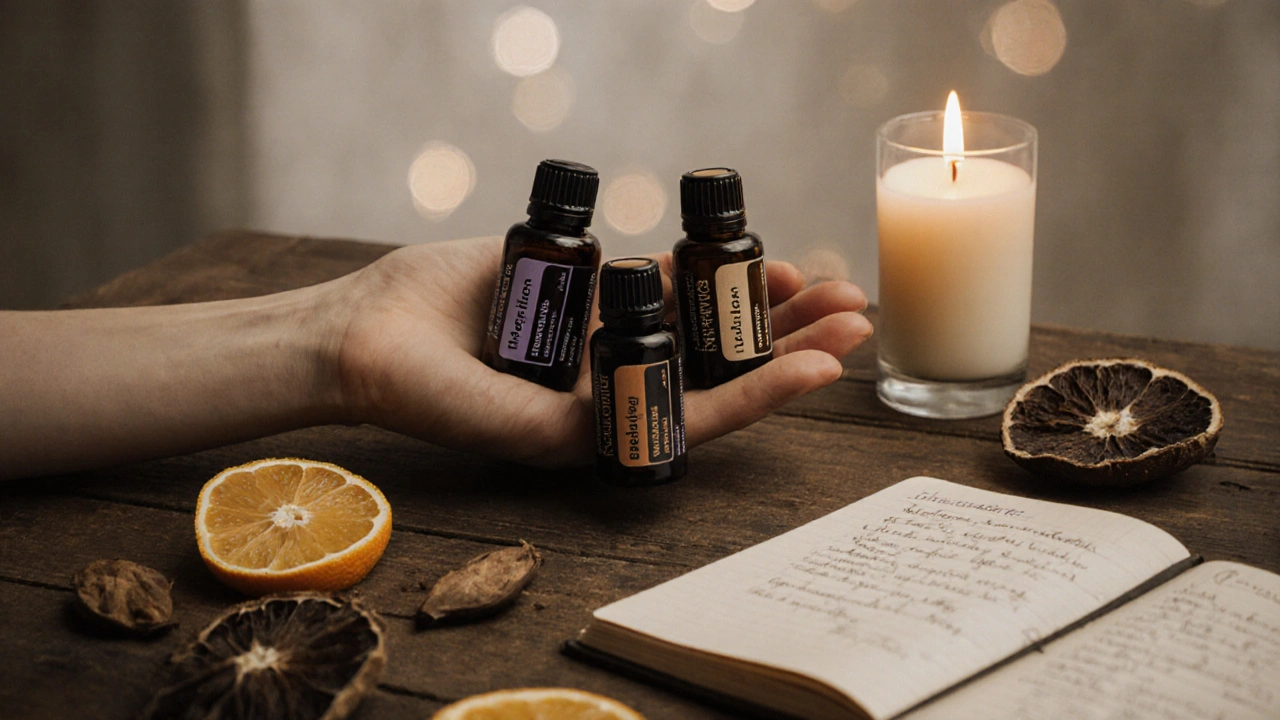 Three essential oil bottles on wooden table with candle and dried citrus slices.