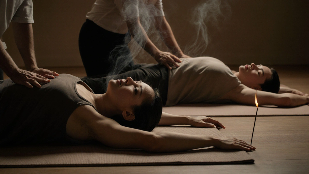Two people receiving Thai massage side-by-side in a calm, minimalist studio.