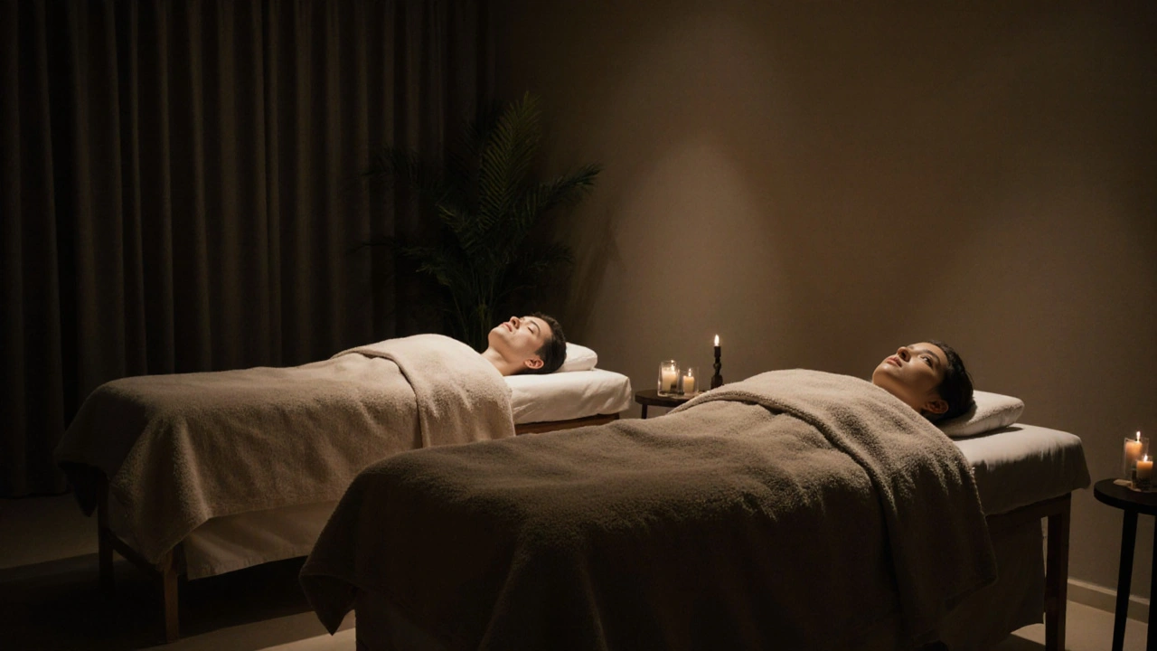 Two people relaxing on side-by-side massage tables in a calm, minimalist spa environment.