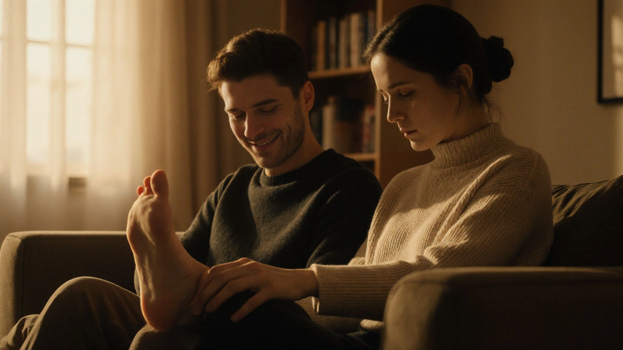 Two people sharing a quiet foot massage moment on a sofa at dusk.