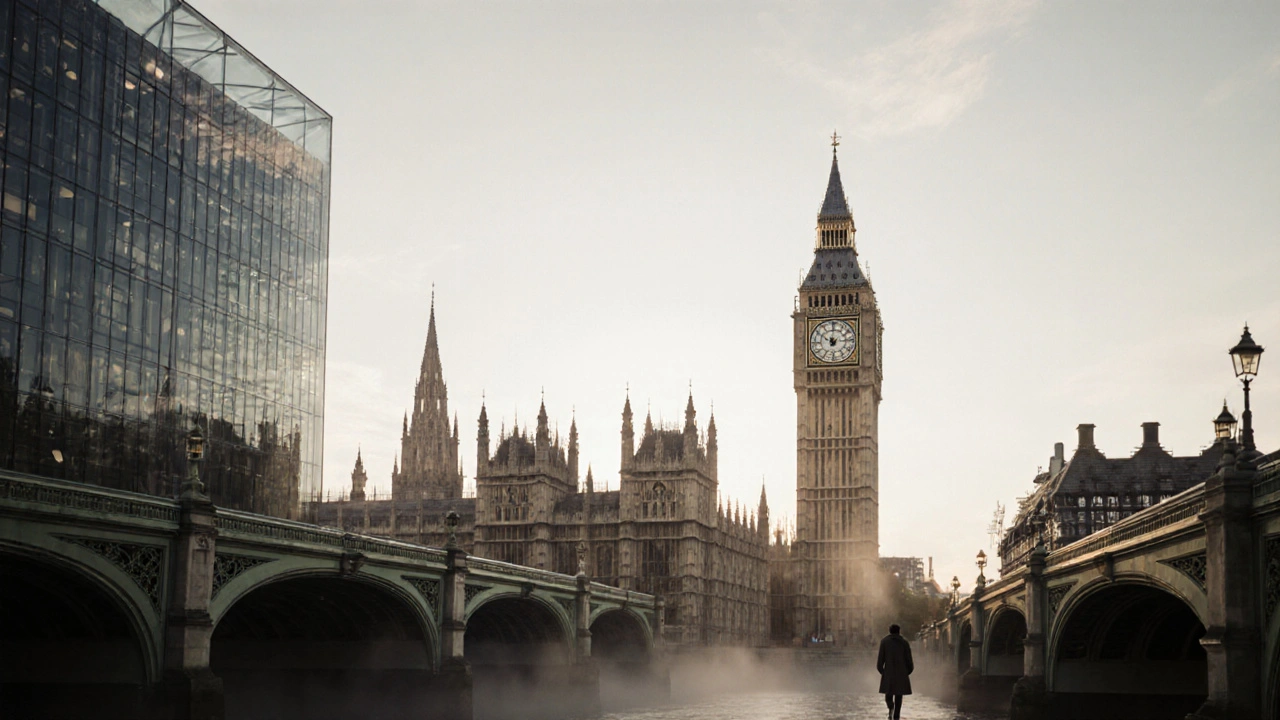 View of Big Ben and Parliament from Victoria Tower Gardens at dawn, modern Portcullis House beside historic stone.