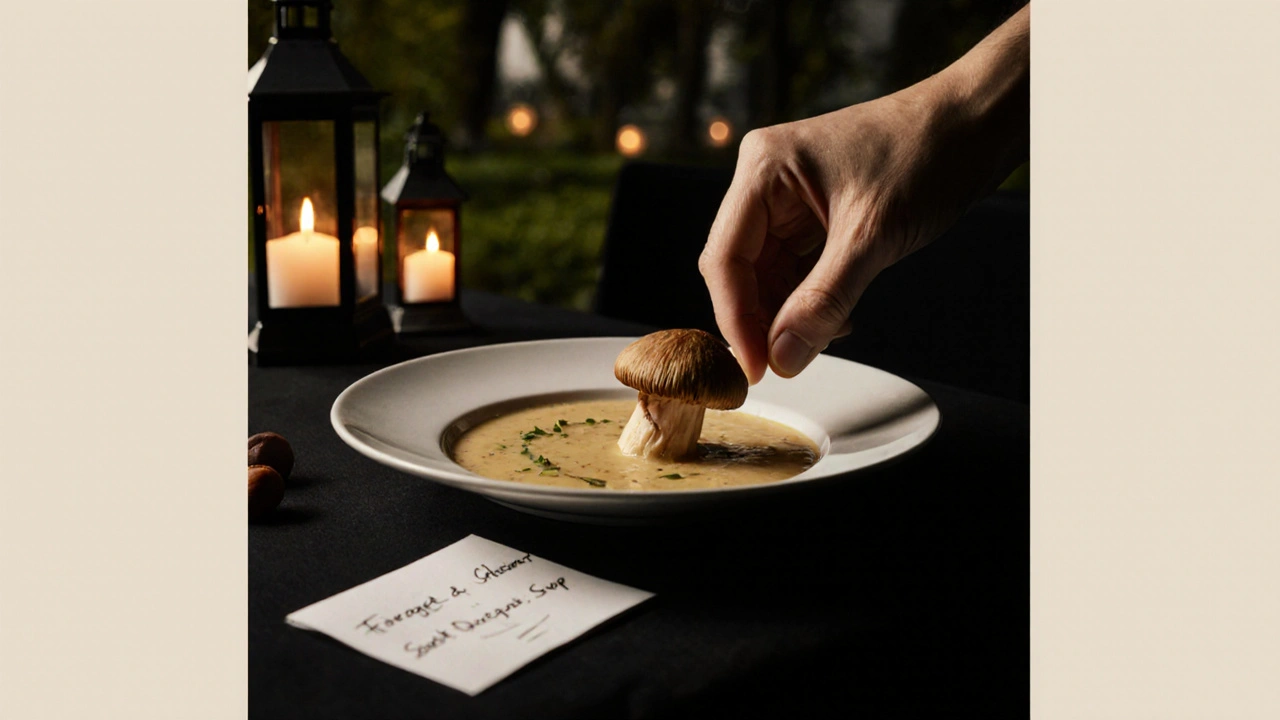 Wild chanterelle mushroom placed on parsnip and chestnut soup at Claremont, soft garden lights blurred in background.