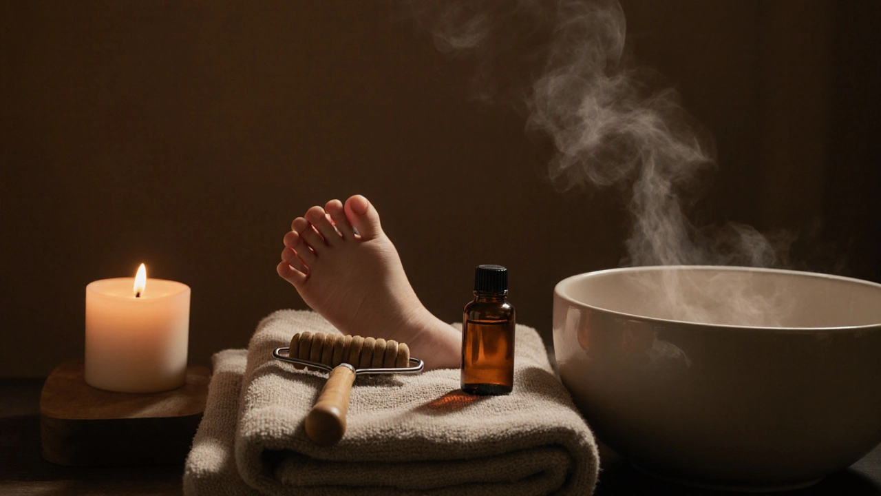 Wooden foot roller and lavender oil on a towel beside a candle.