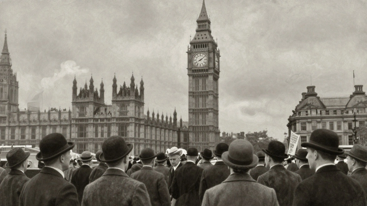 1950s London crowd in Trafalgar Square with Big Ben in the background, people in period clothing under a grey sky.