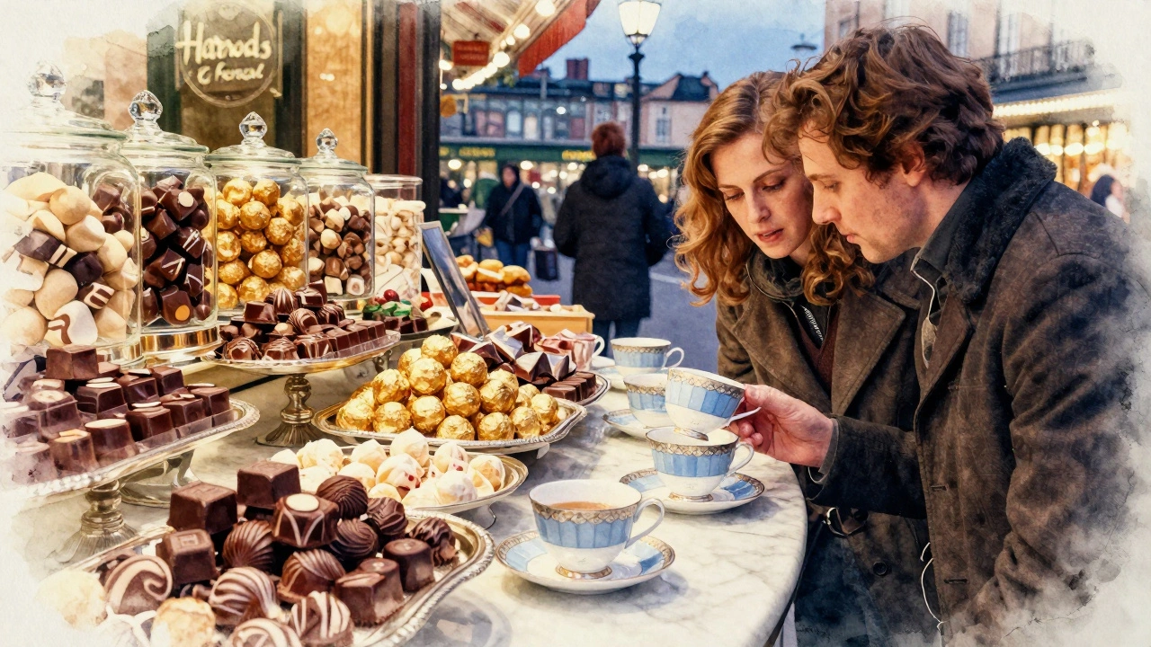 A couple examines a delicate Wedgwood teacup with initials in Harrods' Food Hall, surrounded by chocolates and glass jars under warm light.