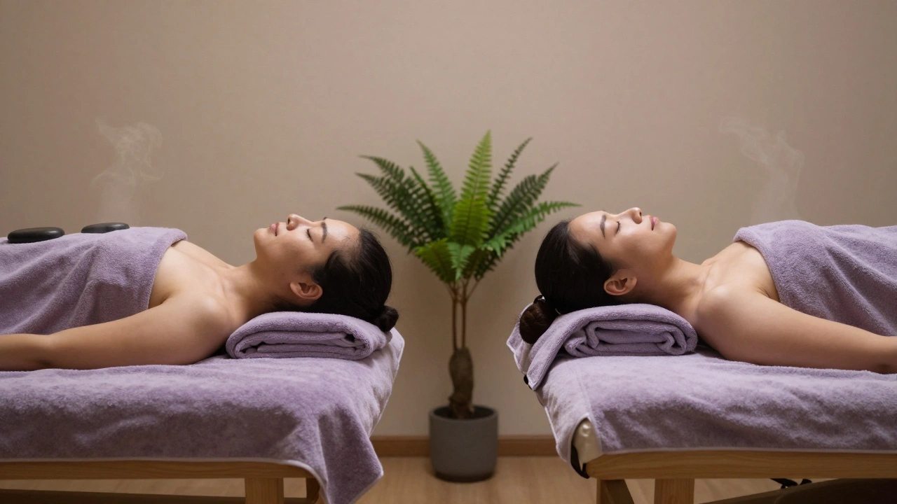 A couple receiving side-by-side massages, relaxed and peaceful, wrapped in soft towels in a quiet studio.