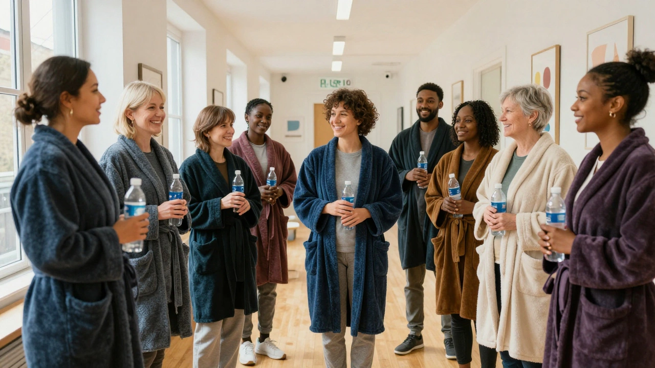 A diverse group of people smiling after a massage, holding water bottles in a calm clinic hallway.
