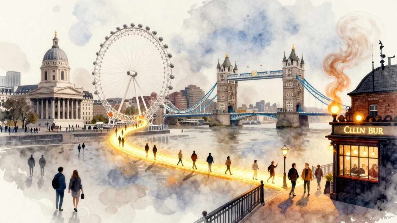 A golden thread connects London landmarks in a watercolor style, guiding travelers while others wander lost in fog.