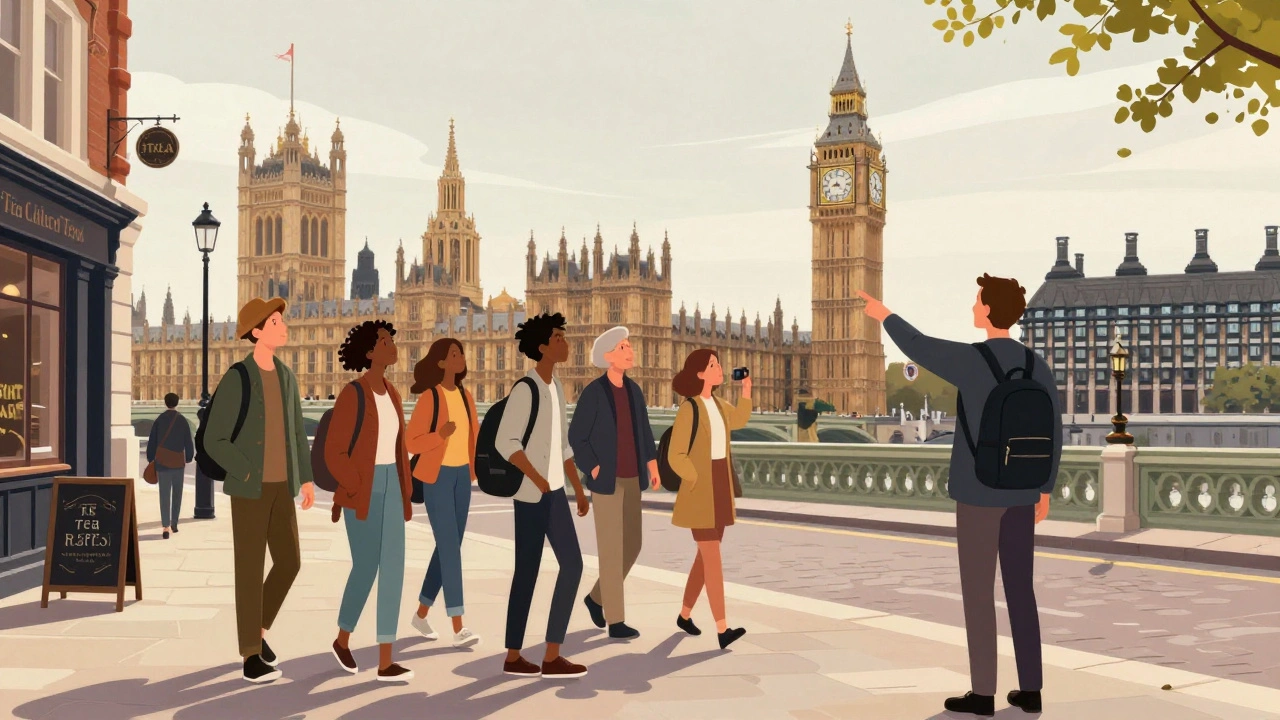 A group of travelers listens to a local guide pointing at Big Ben during a walking tour in Westminster, historic buildings in the background.