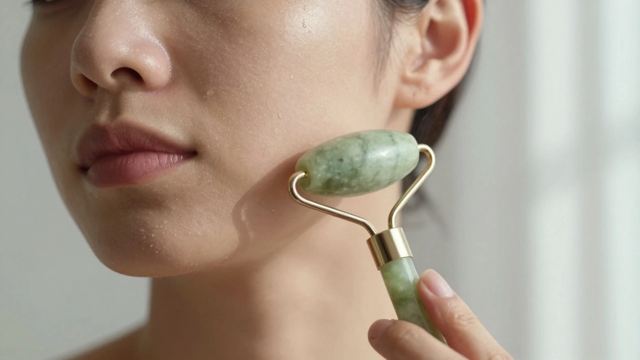 A jade roller moving gently upward along the jawline, with soft natural light highlighting the skin's natural texture.