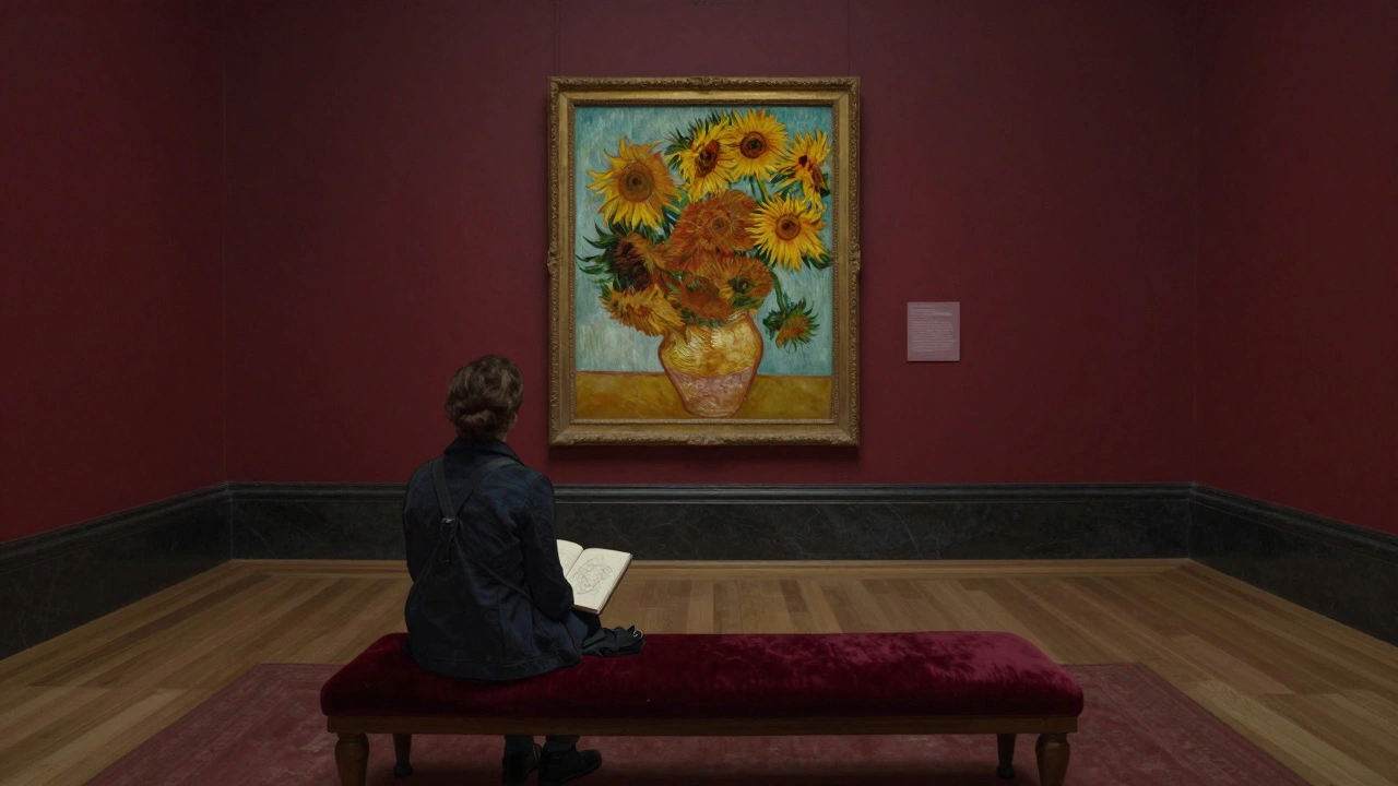 A lone person sketching Van Gogh&#039;s Sunflowers in the quiet National Gallery after hours.