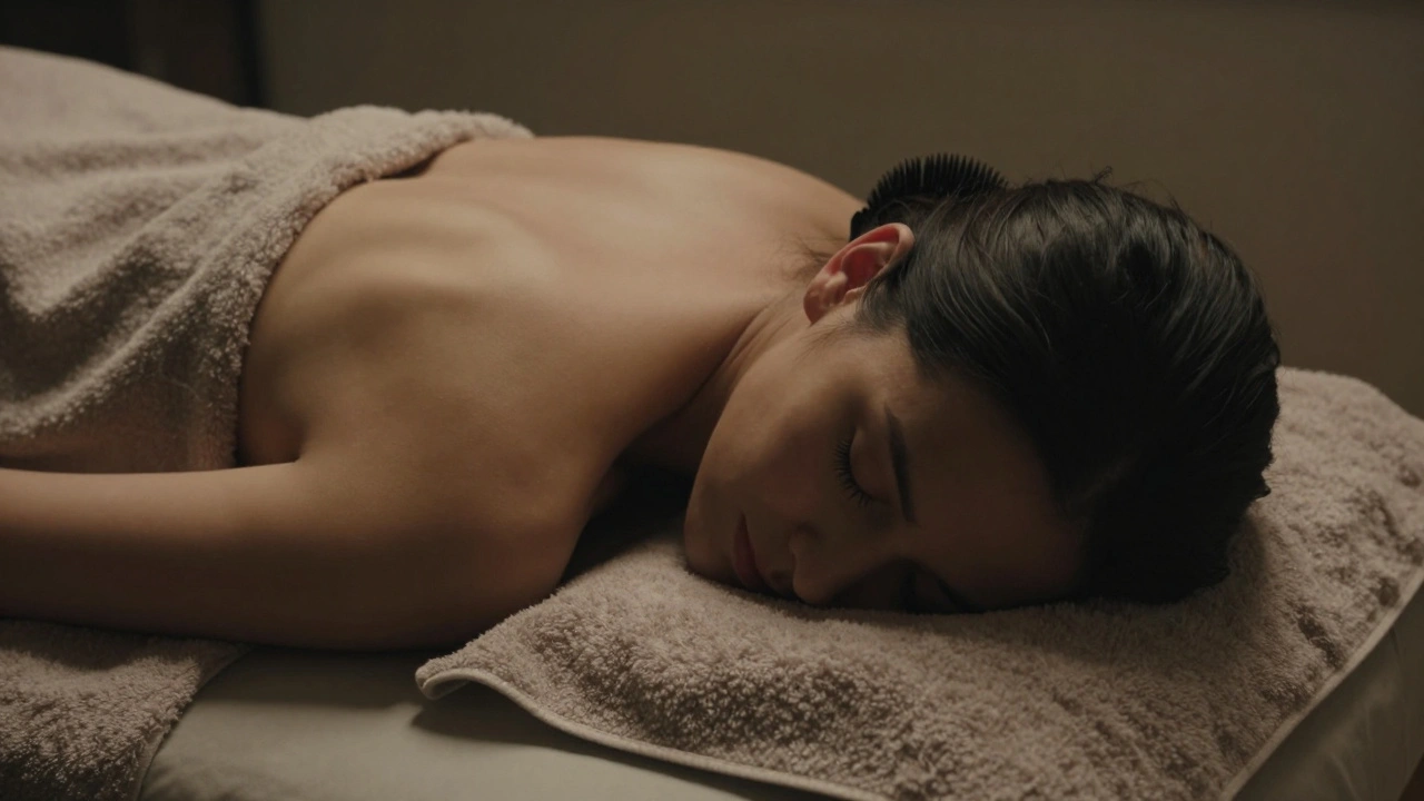 A person resting peacefully on a massage table, eyes closed, covered with a towel.
