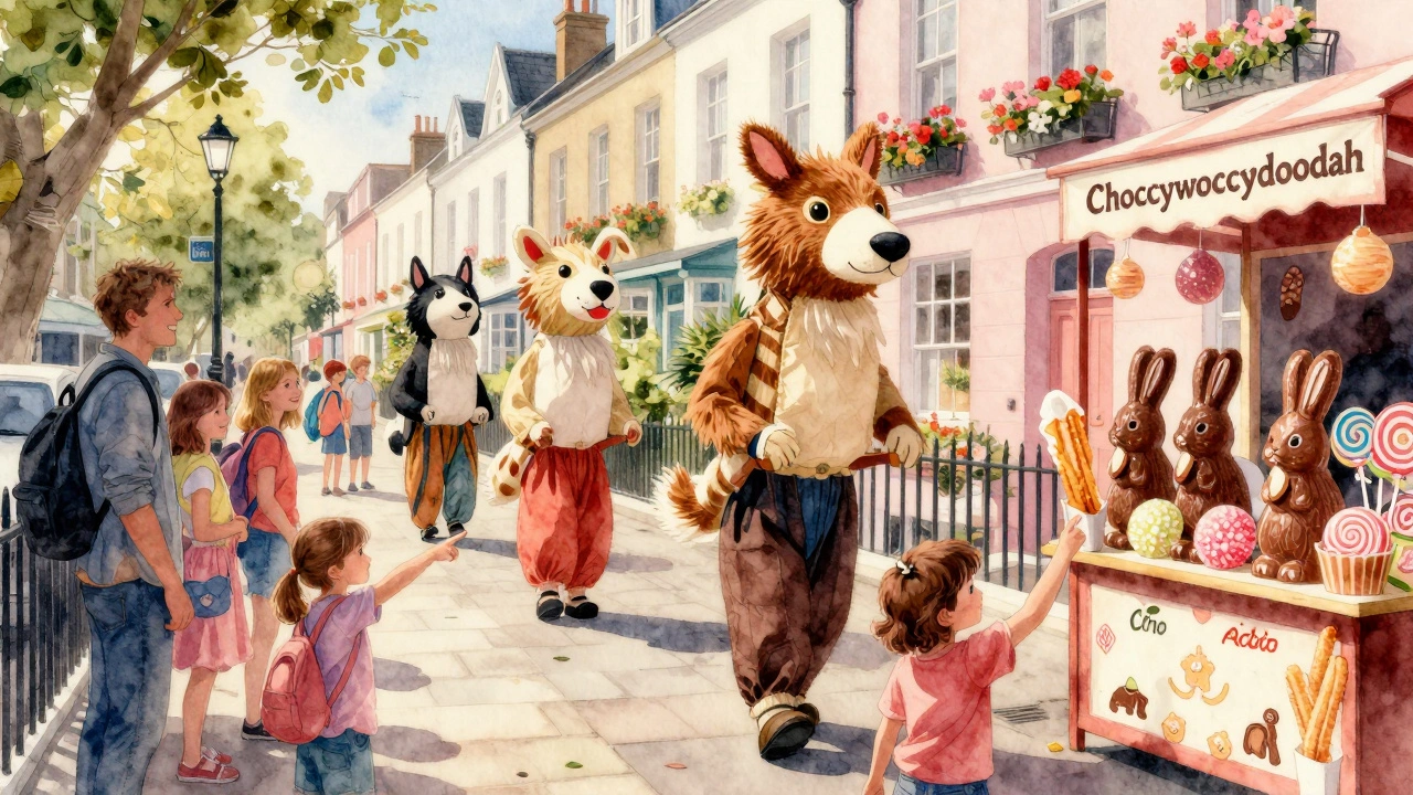 A puppet parade in Notting Hill Market with giant animal puppets and families watching, while a child holds a churro near a chocolate shop.