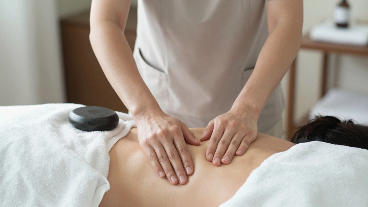 A therapist applying pressure to a client&#039;s back with clean linens and a heated stone nearby.