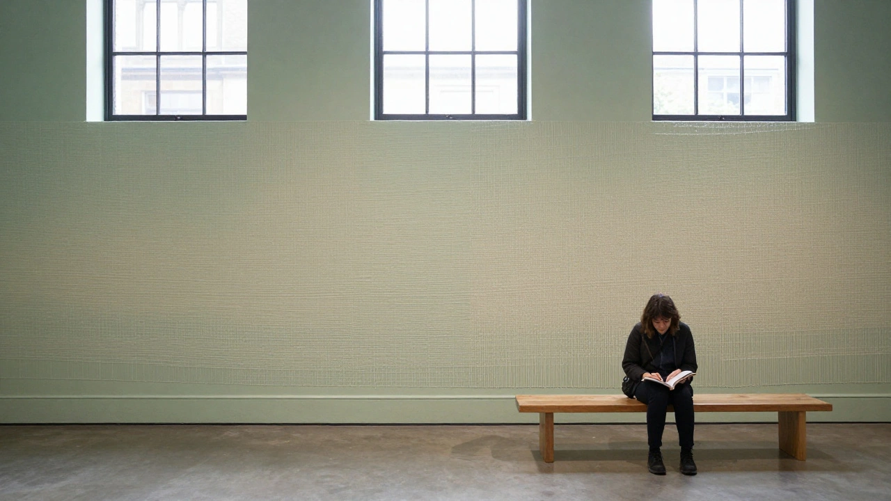 A wall of color-shifting stitched thread in Camden Art Centre, with a visitor reading alone in soft daylight.
