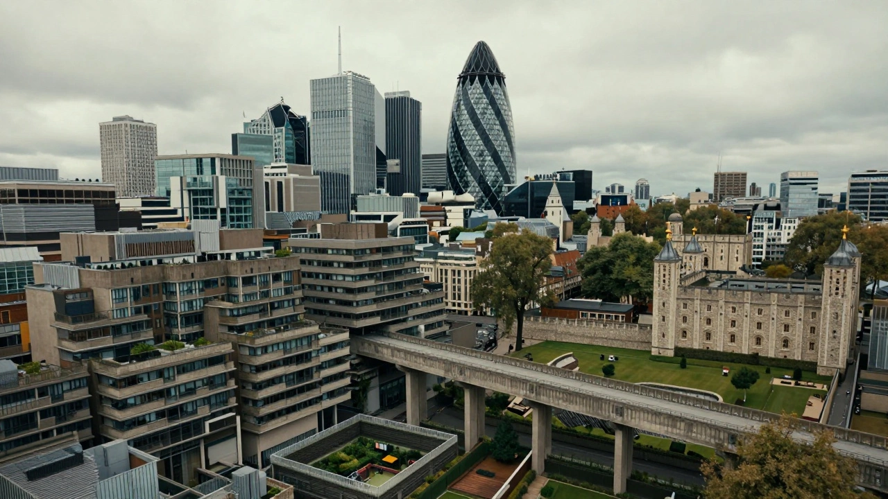 Aerial view of Barbican Estate’s brutalist design with the Gherkin in the distance.
