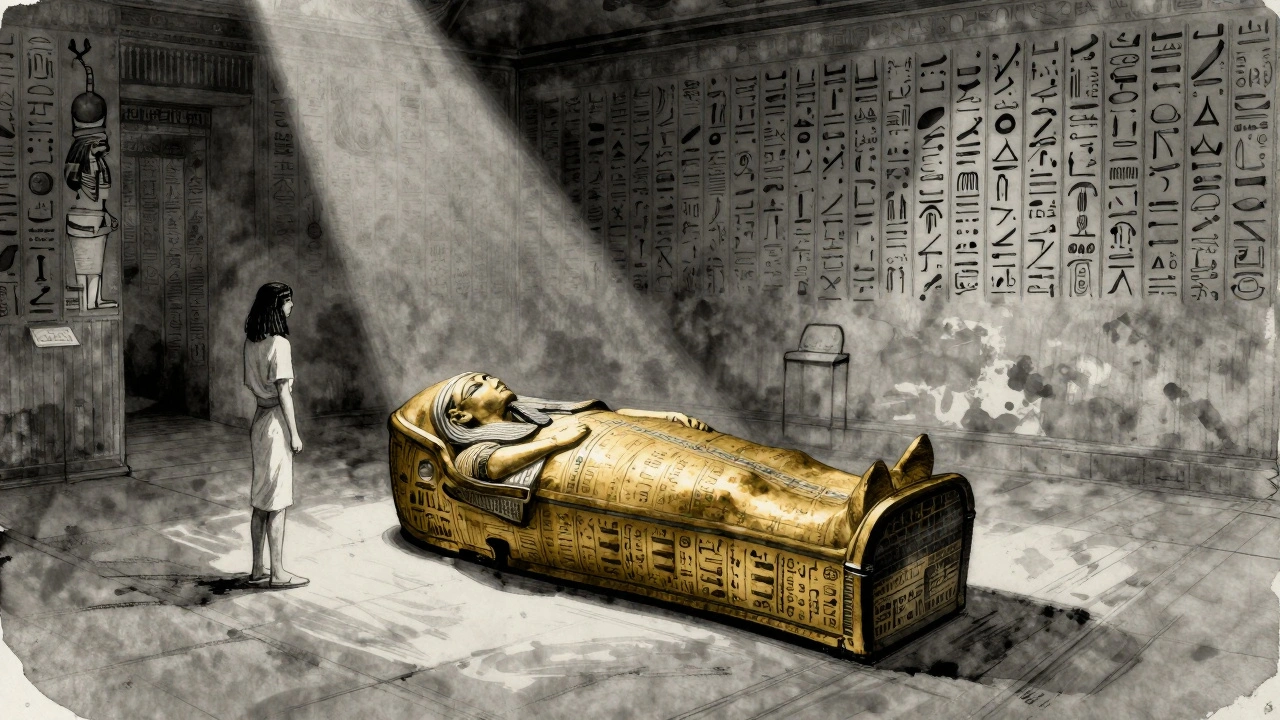 Alone in the British Museum’s Egyptian gallery, a single light shines on an ancient coffin.