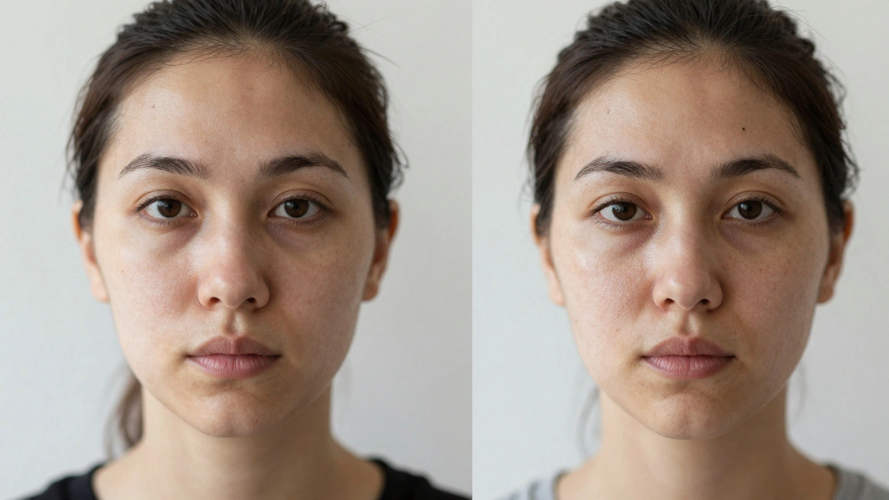 Before-and-after portrait showing reduced facial puffiness after lymphatic drainage, captured in natural lighting without filters.